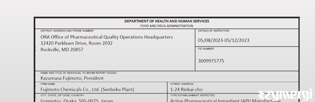 FDANews 483 Fujimoto Chemicals Co., Ltd. May 12 2023 top