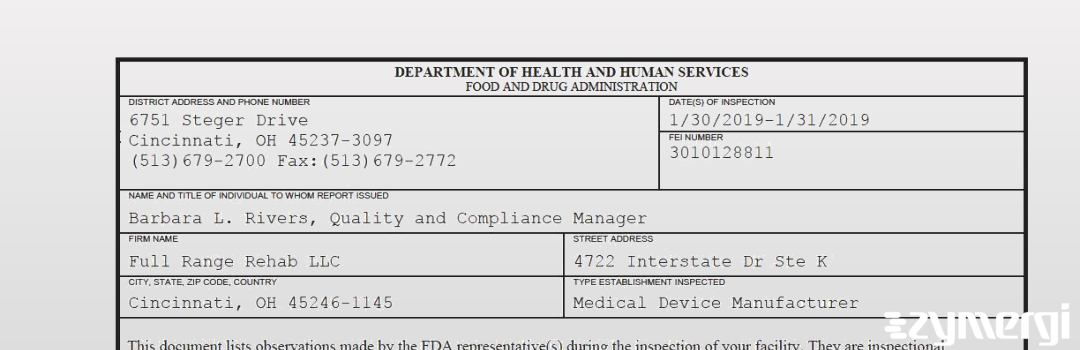 FDANews 483 Full Range Rehab LLC Jan 31 2019 top