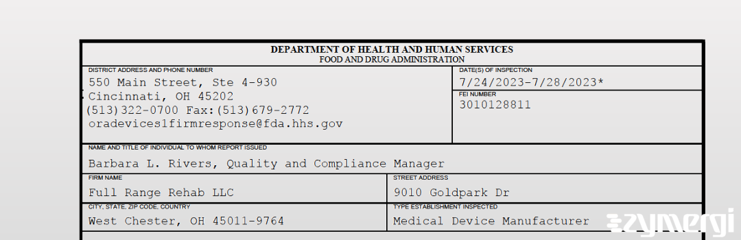 FDANews 483 Full Range Rehab LLC Jul 28 2023 top