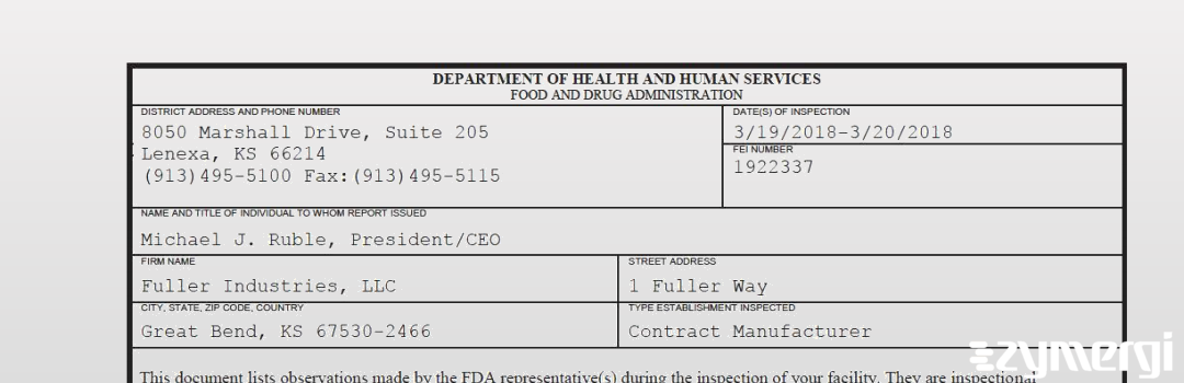 FDANews 483 Fuller Industries, LLC Mar 20 2018 top