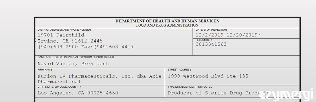 FDANews 483 Fusion IV Pharmaceuticals, Inc. dba Axia Pharmaceutical Dec 20 2019 top