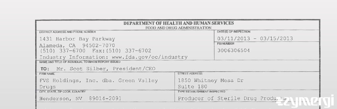 FDANews 483 FVS Holdings, Inc. dba. Green Valley Drugs Mar 15 2013 top