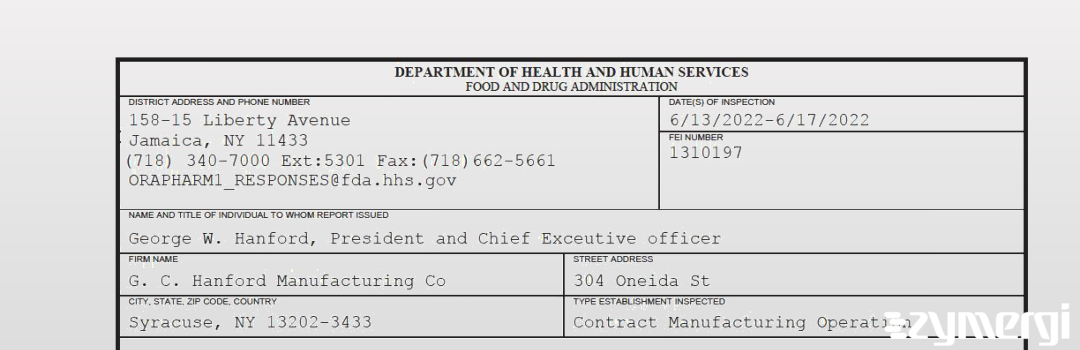 FDANews 483 G. C. Hanford Manufacturing Co Jun 17 2022 top