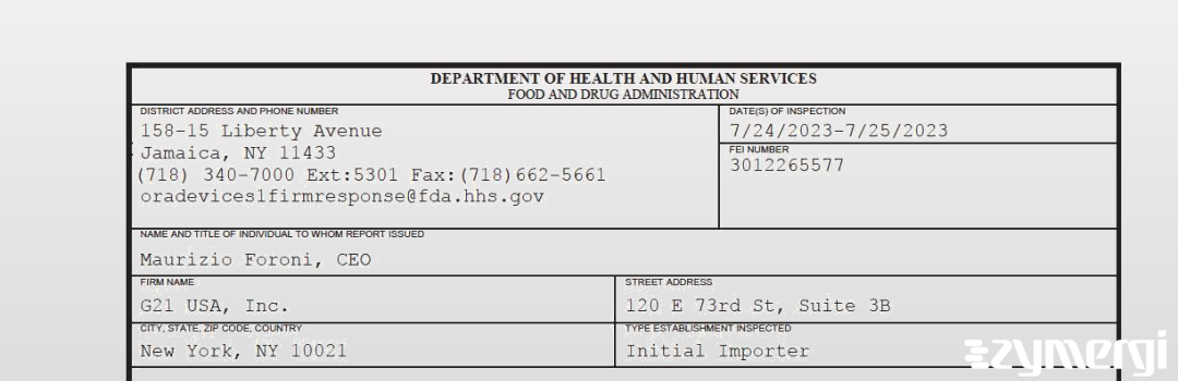 FDANews 483 G21 USA, Inc. Jul 25 2023 top