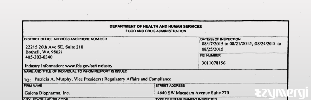 FDANews 483 Galena Biopharma, Inc. Aug 25 2015 top