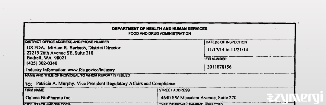 FDAzilla 483 Galena Biopharma, Inc. Nov 21 2014 top