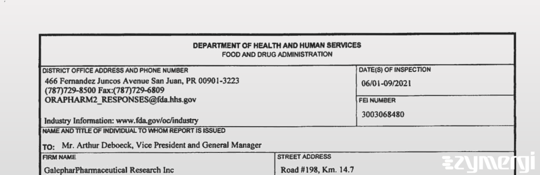 FDANews 483 Galephar Pharmaceutical Research Inc. Jun 9 2021 top