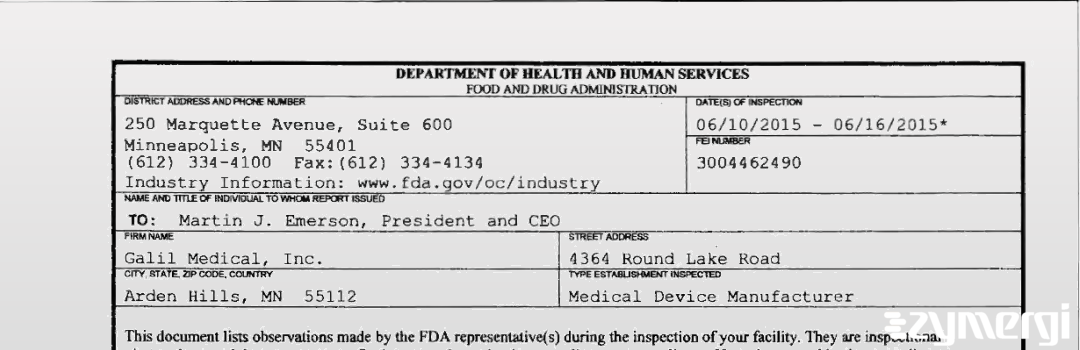 FDANews 483 Galil Medical, Inc. Jun 16 2015 top