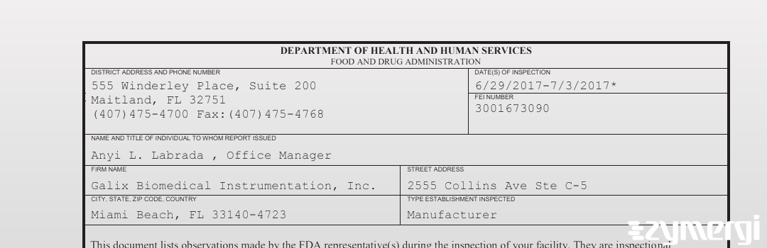 FDANews 483 Galix Biomedical Instrumentation, Inc. Jul 3 2017 top