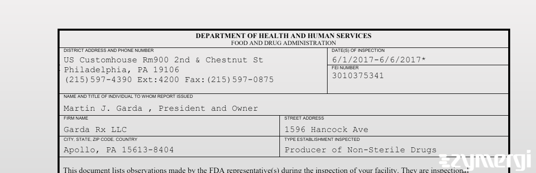 FDANews 483 Garda Rx LLC Jun 6 2017 top