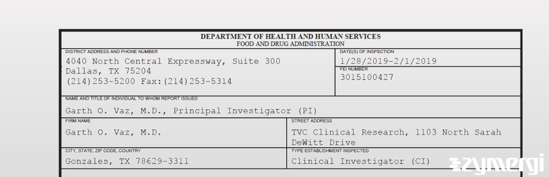 FDANews 483 Garth O. Vaz, M.D. Feb 1 2019 top