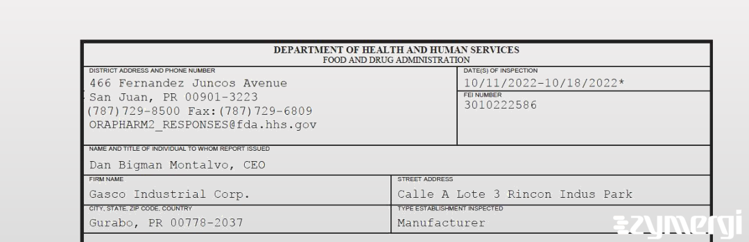 FDANews 483 Gasco Industrial Corp. Oct 18 2022 top