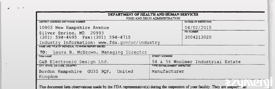 FDANews 483 G&B Electronic Design Ltd. Apr 2 2015 top