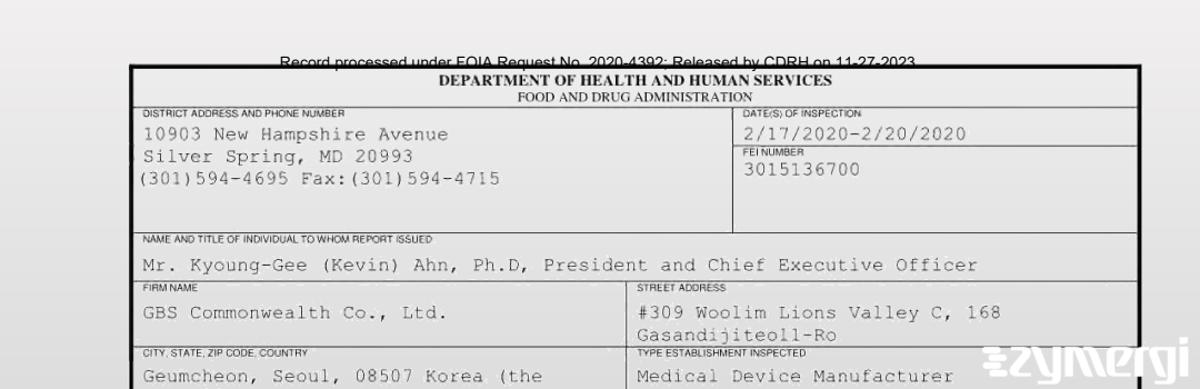 FDANews 483 GBS Commonwealth Co., Ltd. Feb 20 2020 top