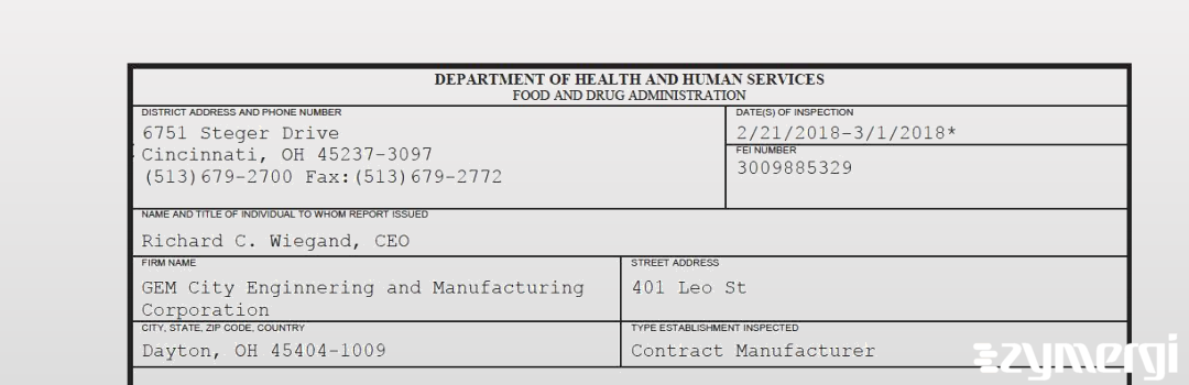 FDANews 483 GEM City Enginnering and Manufacturing Corporation Mar 1 2018 top