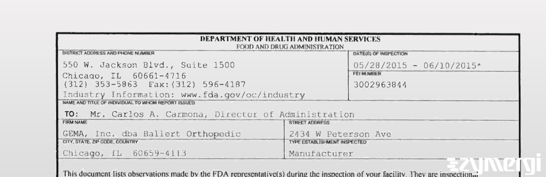 FDANews 483 GEMA, Inc. dba Ballert Orthopedic Jun 10 2015 top