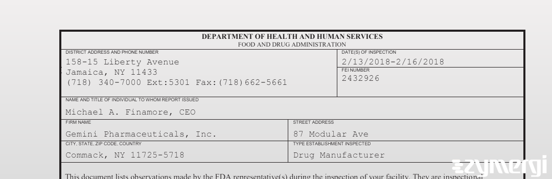 FDANews 483 Gemini Pharmaceuticals, Inc. Feb 16 2018 top