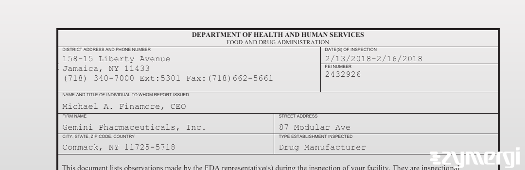 FDANews 483 Gemini Pharmaceuticals, Inc. Feb 16 2018 top