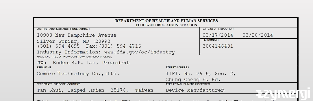 FDANews 483 Gemore Technology Co., Ltd. Mar 20 2014 top