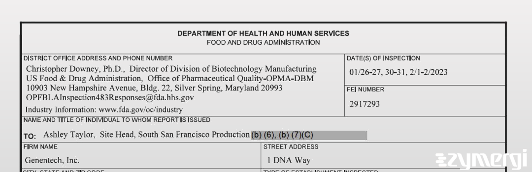 FDANews 483 Genentech, Inc. Feb 2 2023 top