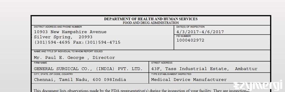 FDANews 483 GENERAL SURGICAL CO., (INDIA) PVT. LTD. Apr 6 2017 top