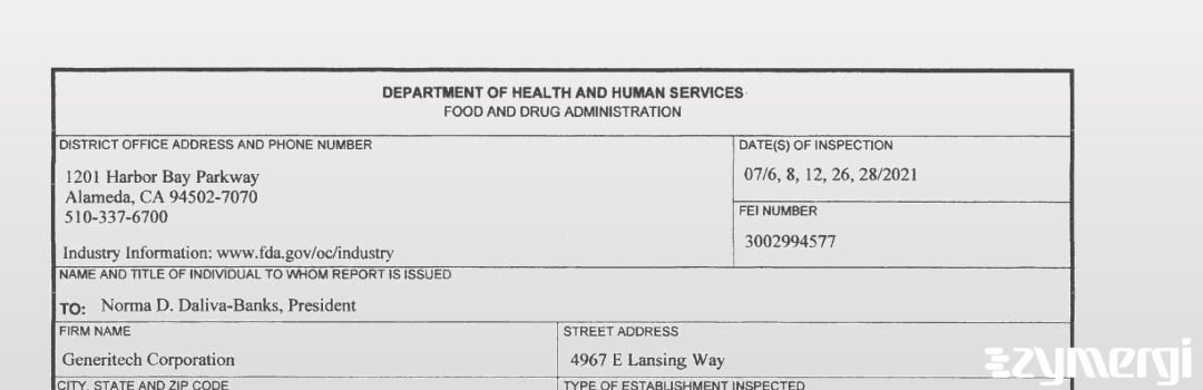 FDANews 483 Generitech Corporation Jul 28 2021 top
