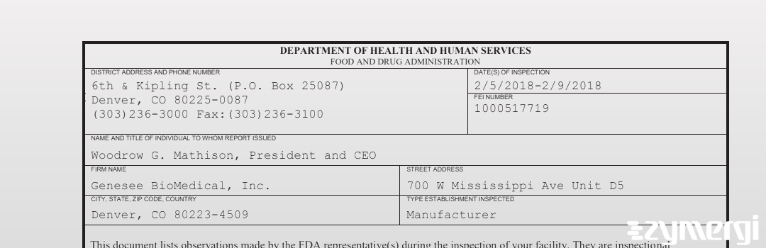 FDANews 483 Genesee BioMedical, Inc. Feb 9 2018 top