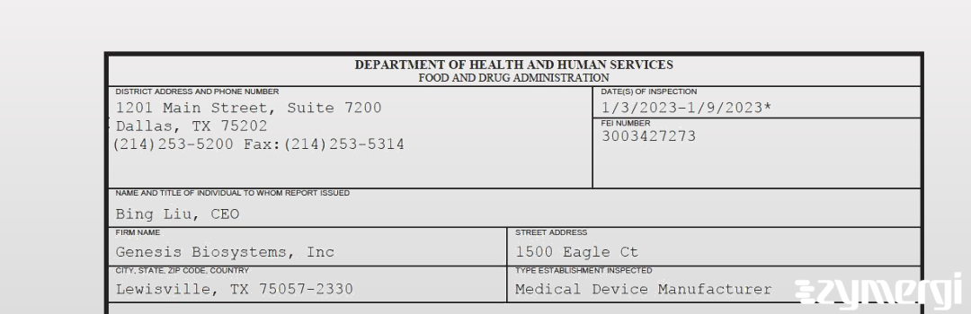 FDANews 483 Genesis Biosystems, Inc Jan 9 2023 top