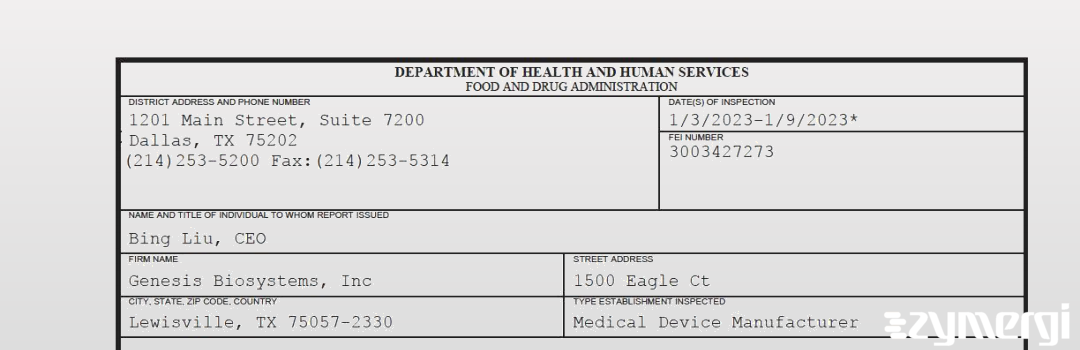 FDANews 483 Genesis Biosystems, Inc Jan 9 2023 top