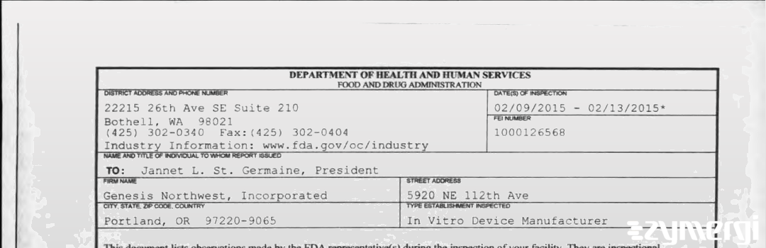 FDANews 483 Genesis Northwest, Incorporated Feb 13 2015 top