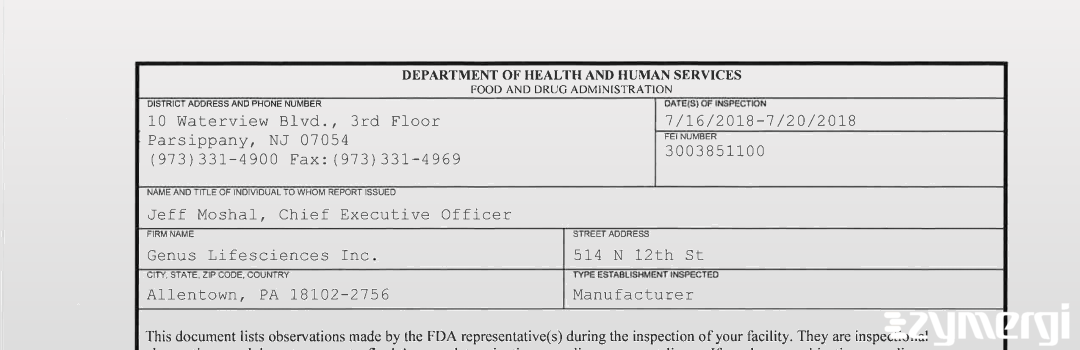 FDANews 483 GENUS LIFESCIENCES INC Jul 20 2018 top