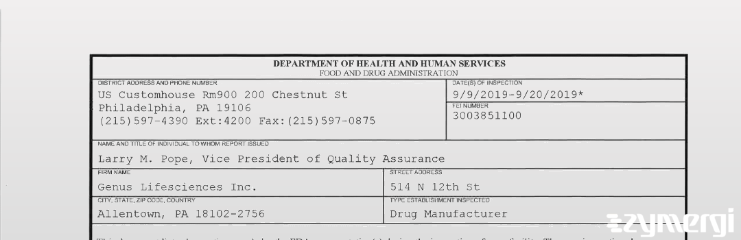 FDANews 483 GENUS LIFESCIENCES INC Sep 20 2019 top