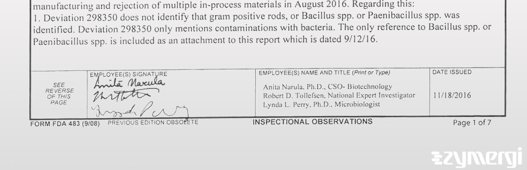 Anita Narula FDA Investigator Robert D. Tollefsen FDA Investigator Lynda L. Perry FDA Investigator 