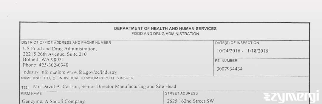 FDANews 483 Genzyme A Sanofi Company Nov 18 2016 top