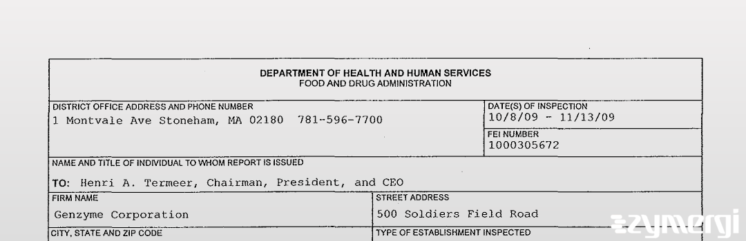 FDANews 483 Genzyme Corporation Nov 13 2009 top