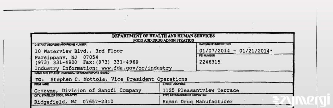 FDANews 483 Genzyme Corporation / Genzyme Biosurgery Jan 21 2014 top