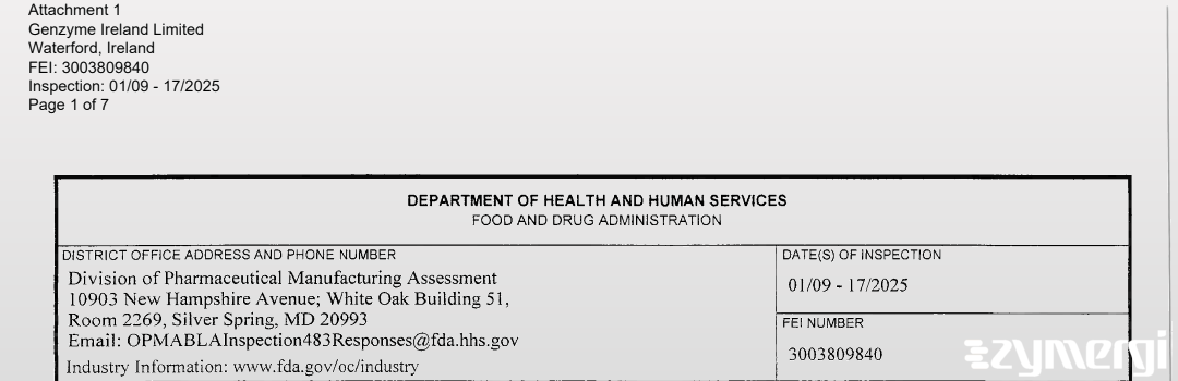 FDANews 483 Genzyme Ireland Limited Jan 17 2025 top