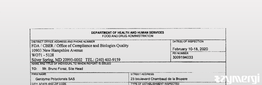 FDANews 483 Genzyme Polyclonals S.A.S. Feb 18 2020 top