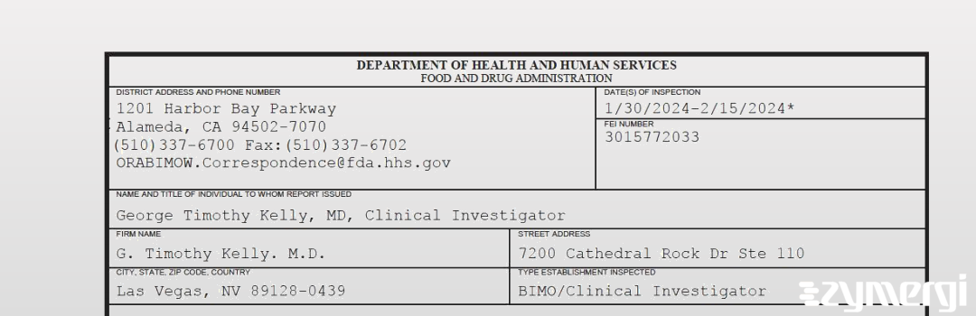 FDANews 483 George Timothy Kelly. M.D. Feb 15 2024 top