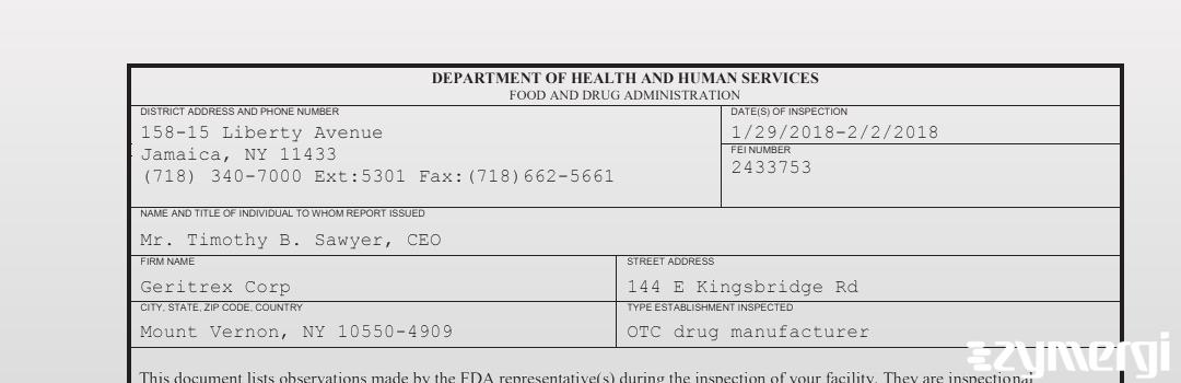 FDANews 483 Geritrex, LLC Feb 2 2018 top