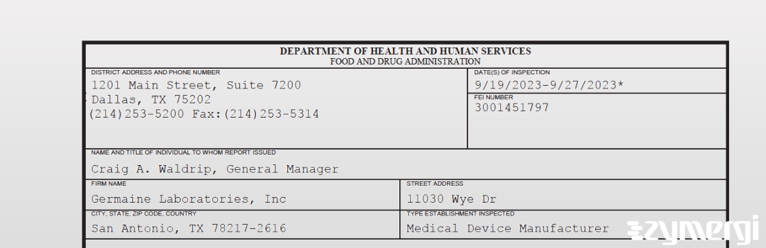 FDANews 483 Germaine Laboratories, Inc Sep 27 2023 top