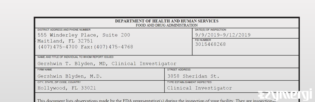 FDANews 483 Gershwin Blyden, M.D. Sep 12 2019 top