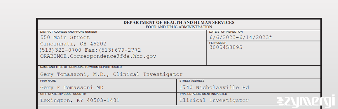 FDANews 483 Gery F Tomassoni MD Jun 14 2023 top