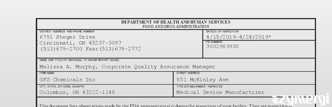 FDANews 483 GFS Chemicals Inc Apr 24 2019 top