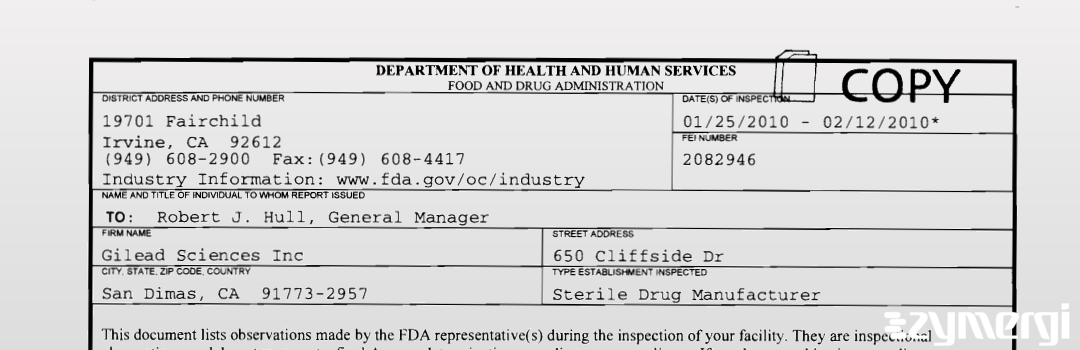 FDANews 483 Gilead Sciences Inc Feb 12 2010 top