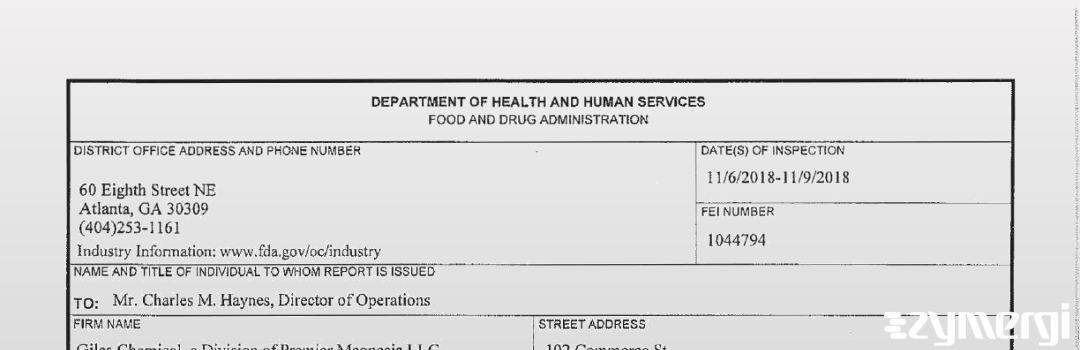 FDANews 483 Giles Chemical, a Division of Premier Magnesia LLC Nov 9 2018 top