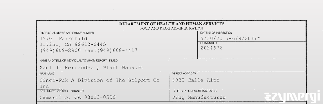 FDANews 483 Gingi-Pak A Division of the Belport Co., Inc Jun 9 2017 top