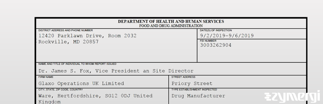 FDANews 483 Glaxo Operations UK Limited Sep 6 2019 top