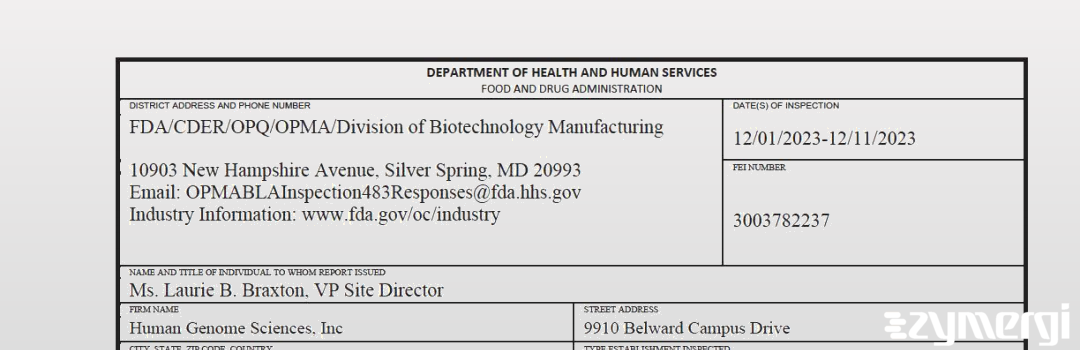 FDANews 483 GlaxoSmithKline dba Human Genome Sciences Inc Dec 11 2023 top