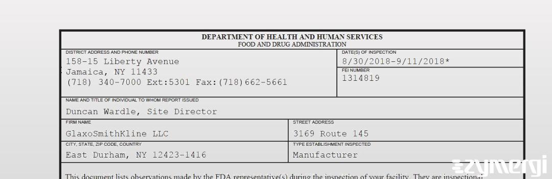 FDANews 483 GlaxoSmithKline LLC Sep 11 2018 top